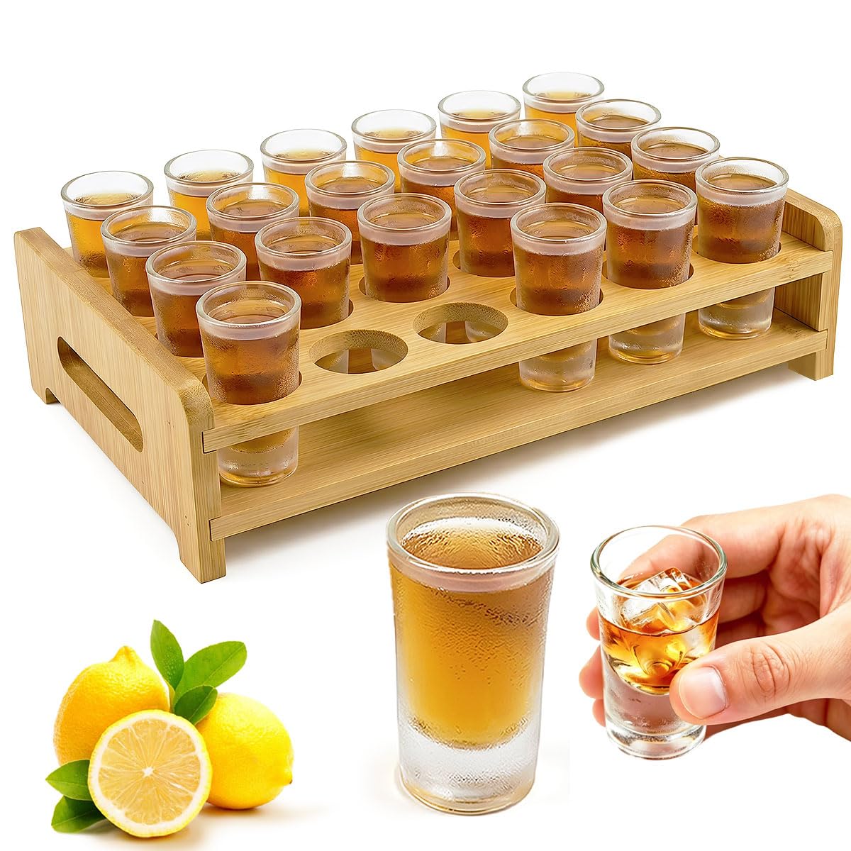 Lot de 24 verres à liqueur avec support en bois pour 24 verres à shot (15-20 ml, planche à liqueur pour bar, fête, club, whisky, brandy, plateau de service, bambou)