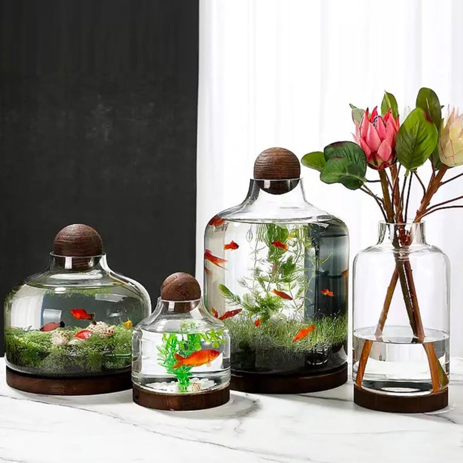 Glass Fish Bowl Terrarium, Clear Micro Landscape Self-circulating Aquarium with Wood Base Ball Lid, Interior Desktop Small Plant Tank Ornaments(36x17cm/14x6.7in, Clear)