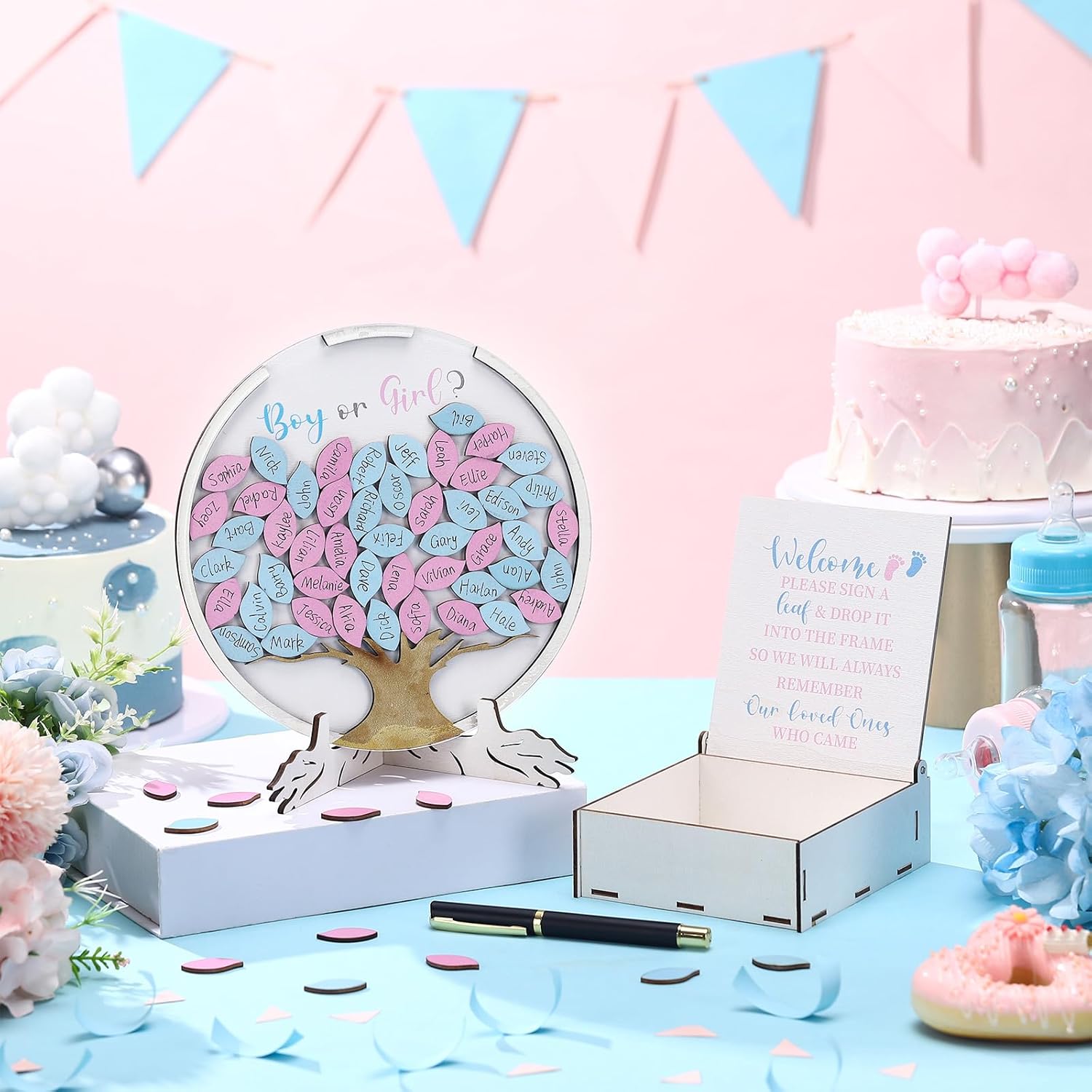 AceOrbit 63 Pcs Gender Reveal Guest Book Boy or Girl Guest Voting Book Alternatives Set Gender Reveal Decorations Gifts Ideas with 60 Wood Slices for Baby Shower Voting Games Party Supplies(Tree)