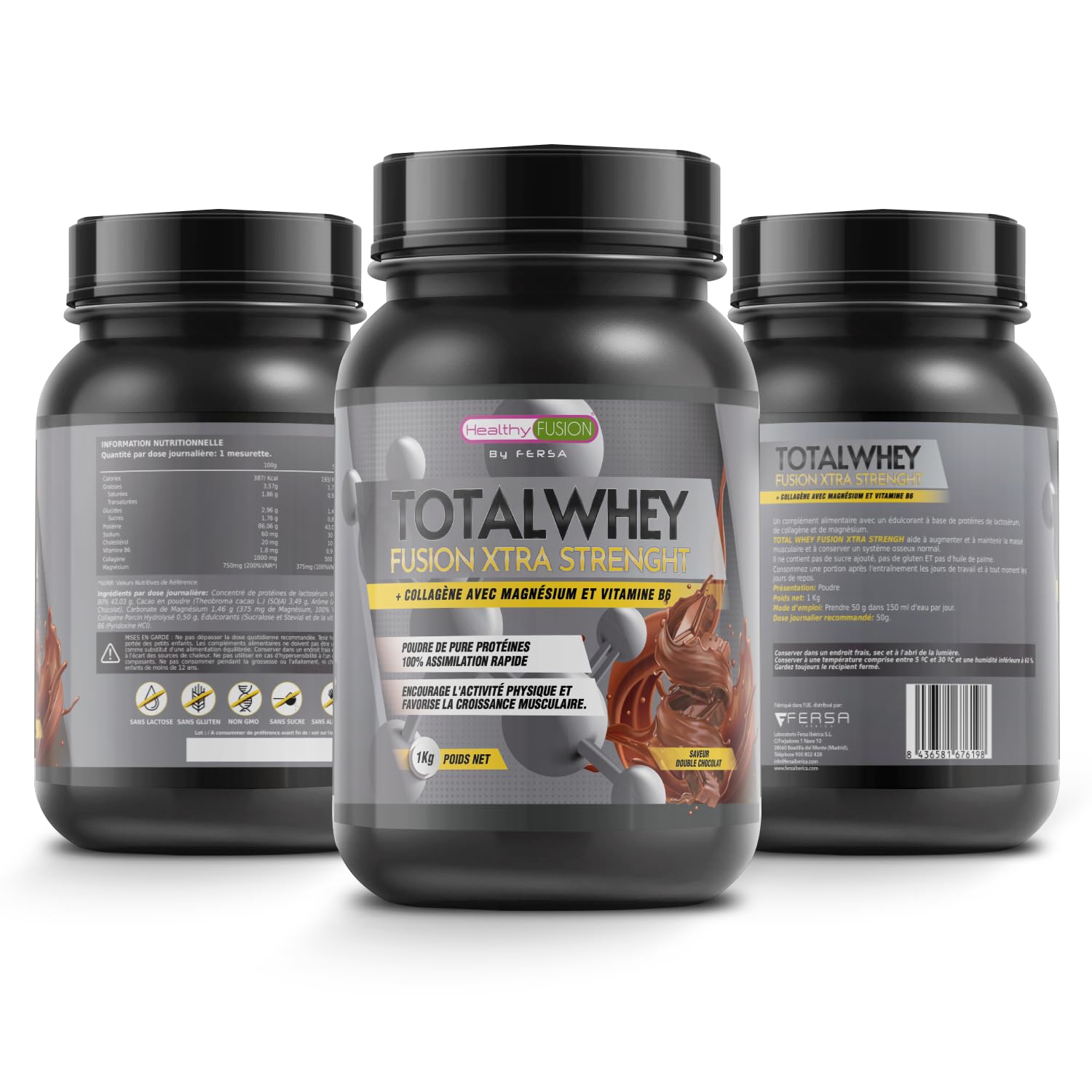 Healthy Fusion Whey Protein | 43 g/dose Protéine Pure | Collagène, Magnésium et Vitamine B6 | Augmente la masse musculaire, améliore l’entraînement, renforce les articulations | Double Chocolat 1kg