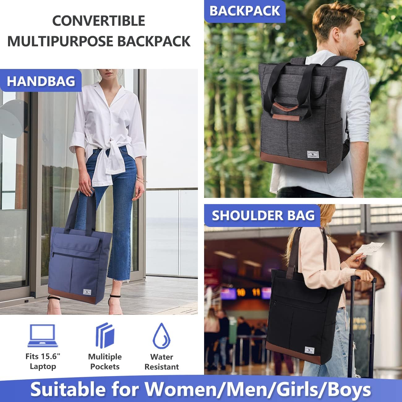 VX VONXURY Backpack for Women, 15.6 Inch Laptop Bag Water Resistant Convertible Backpack Purse for Work Travel (Blue-15Inch)