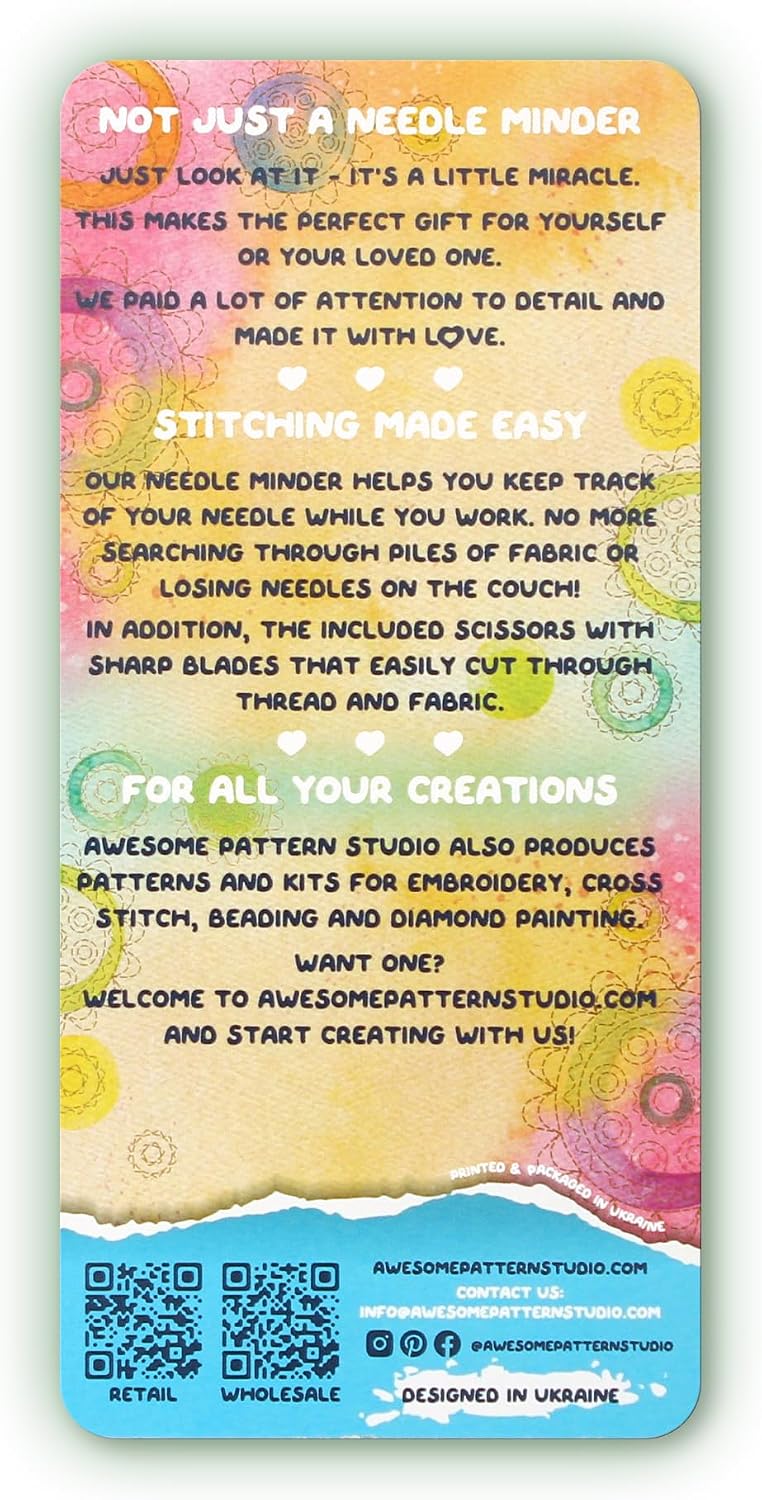 Needle Minder Set - Mandala Hand Magnetic Needle Minder + 2 Needle Threaders + Crane Scissors. Enamel Pin for Cross Stitch, Embroidery and Craft