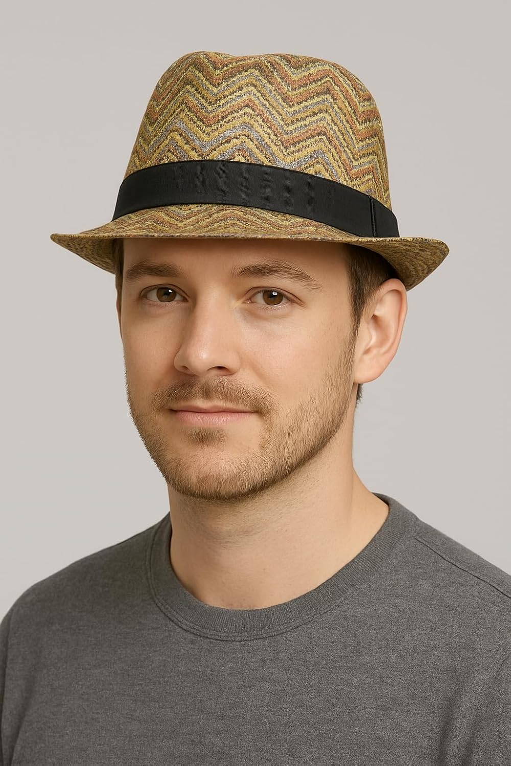 Bohemian Summer Straw Fedora Hat with Zigzag Wave Pattern