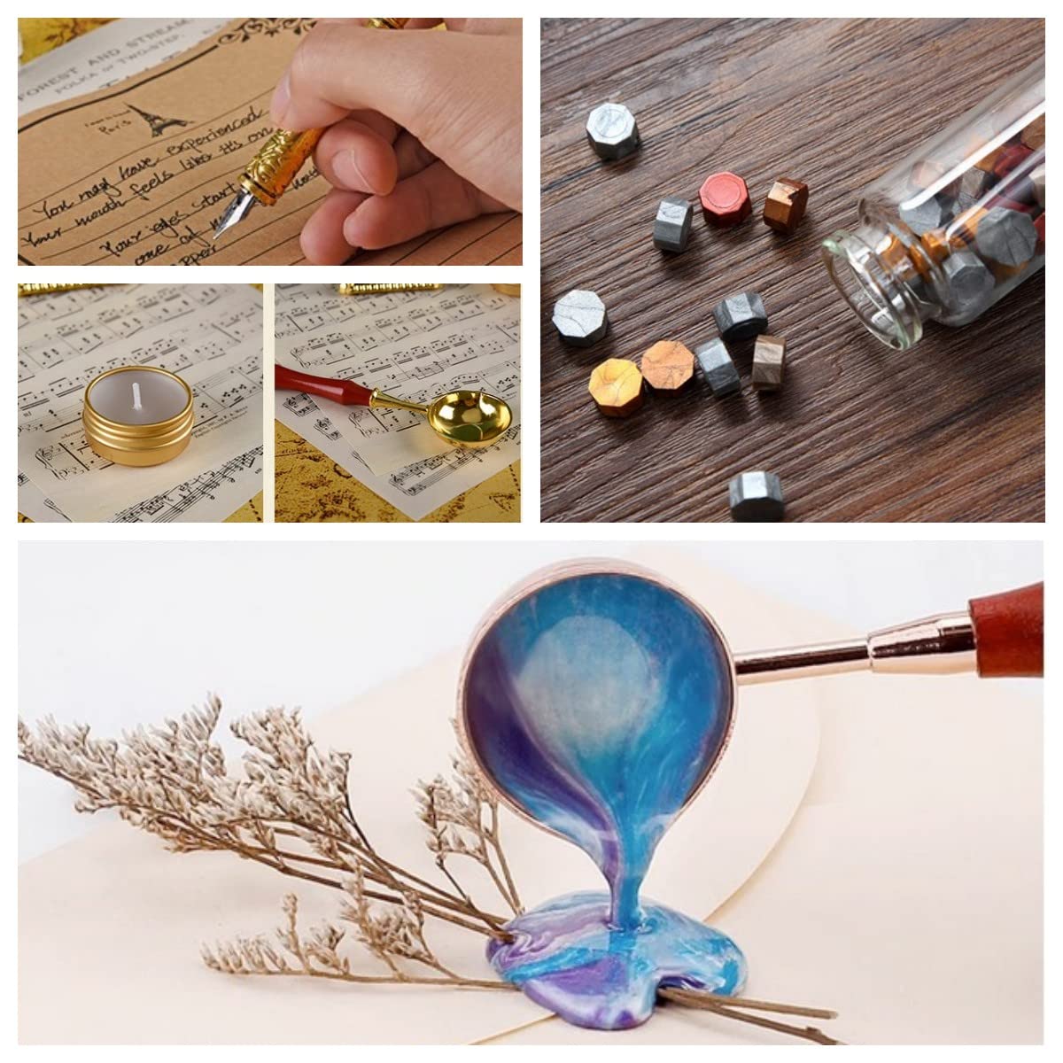 Joyeee Set penna piuma e inchiostro, con inchiostro, timbro sigillo di cera in ottone, supporto per penna, carta lettera, perline sigillo di cera, Tealight, regali di compleanno per mamma papà