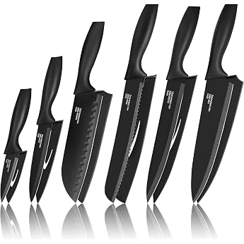homikit kitchen knife set stainless steel 6 pieces knife set with protective cover sharp knife set with chef's knife meat knife bread knife all-purpose knife peeling knife santoku knife non-stick coated black