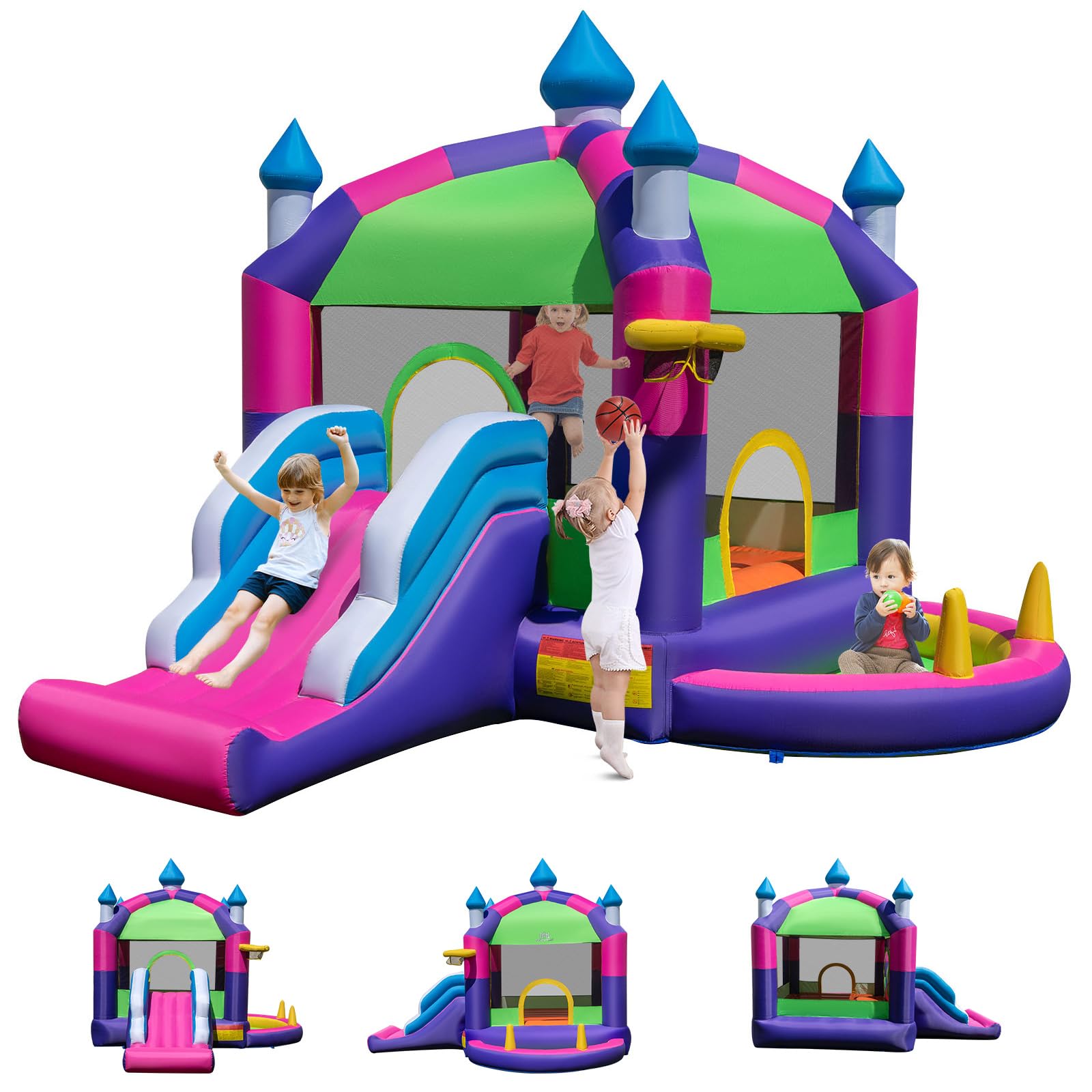 GOPLUS 5 en 1 castillo hinchable para niños, toldo, casa inflable con trampolín, tobogán, cesta de baloncesto, piscina de bolas, 8 estacas de suelo, para niños de 3 a 10 años, carga 45 kg + 45 kg