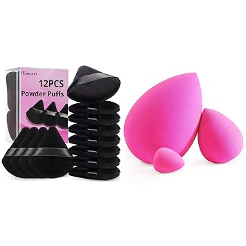 BEAKEY 12pcs Powder Puffs for Face Powder Triangle Powder Puff & Trio Set Large, Mini and Standard Makeup Sponges
