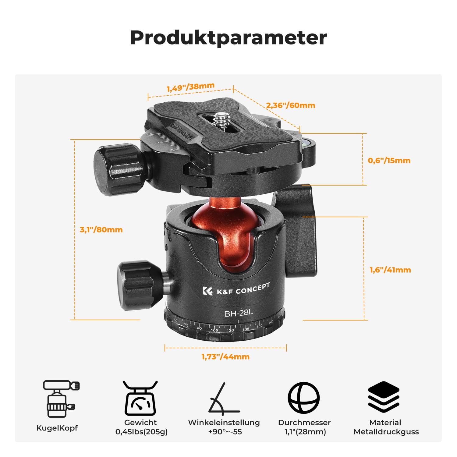 K&F Concept Kugelkopf Stativkopf, Kamera Kugelkopf mit 1/4 Zoll Schnellwechselplatte und Wasserwaagee, 10 kg Tragkraft, für Stativ, Einbeinstativ, Kamera Slider, Spiegelreflexkamera