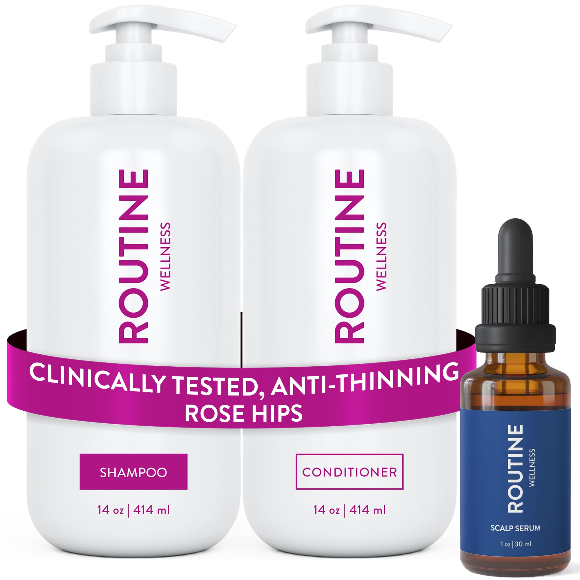 Routine Wellness Shampoo and Conditioner Set and Hair Serum for Thinning Hair - DHT Blocker Women & Men - Color Safe Shampoo for Hair Loss & Healthier