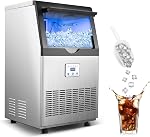 Créateur de glace,110LBS/24H Machine à glace commerciale en acier inoxydable Machine à glaçon avec 25LBS Capacité,45 Cubes de glace en 12-15 minutes,Auto-nettoyage,Idéal pour restaurant,Bars,Maison,Comprend Scoop