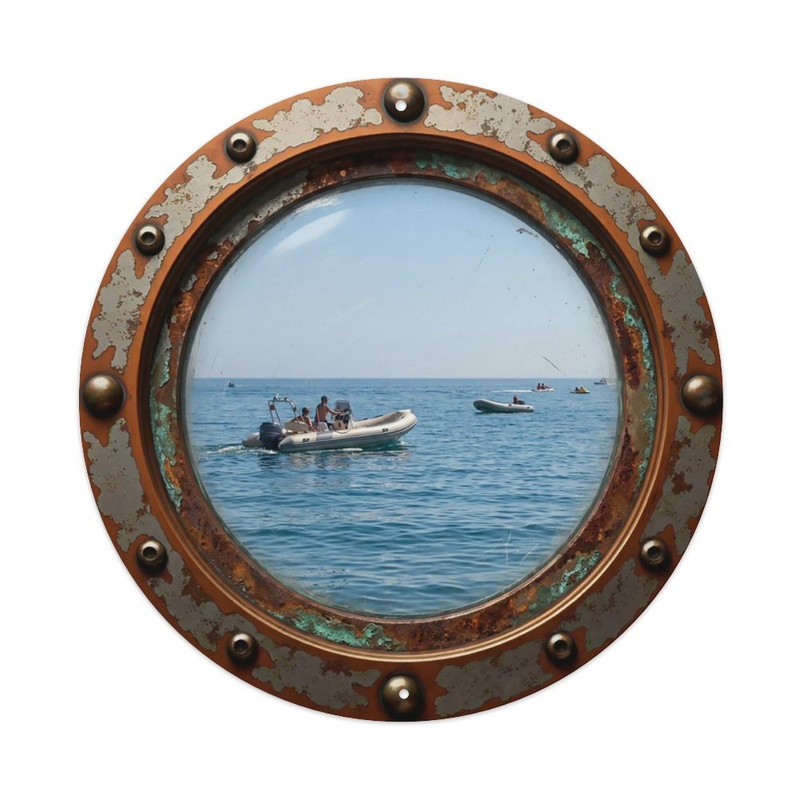 Vintage Porthole Inflatable Boat Nautical Window View Metal Tin Sign