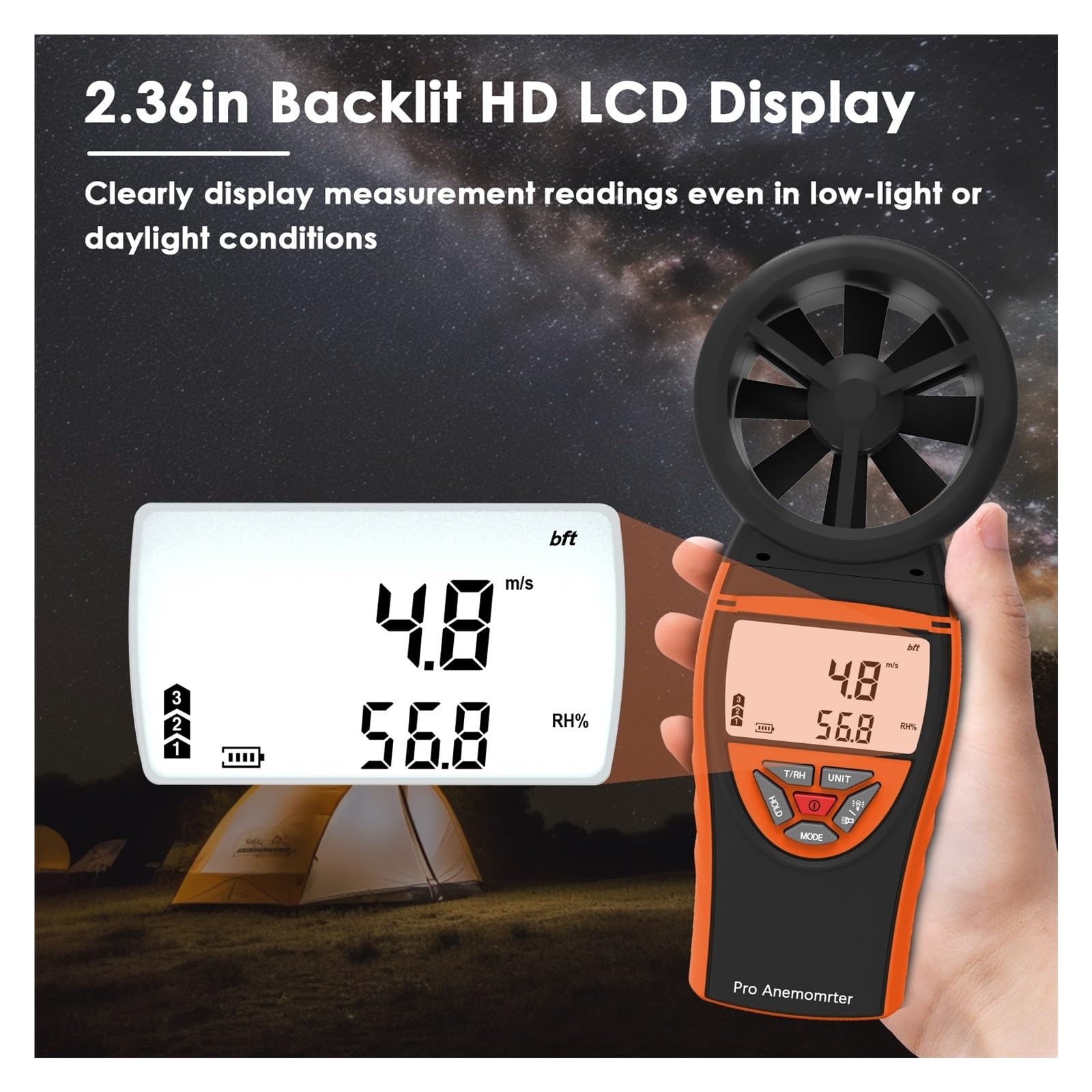 Anemometro portatile for velocità del vento, temperatura, umidità, misuratore di portata d'aria digitale ricaricabile