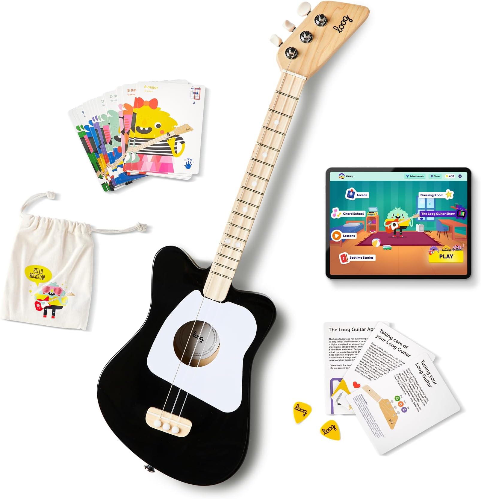 LOOGMini Acoustic kids Guitar for Beginners 3-strings Ages 3+ Learning app and lessons included Black