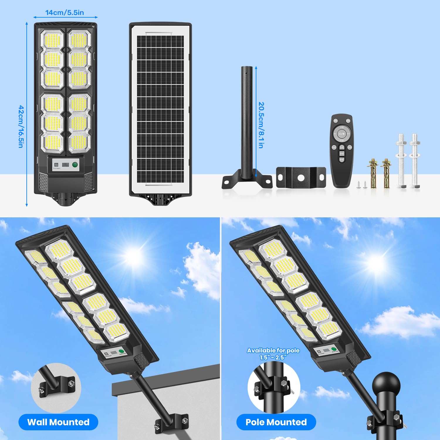 4-Stück Solar Straßenlaterne für Außen mit Bewegungssensor, 6500K LED Solarlampen für Außen Wasserdicht, Solarleuchten Dämmerung mit Fernbedienung, Solar Wegeleuchte für Hof Parkplatz Garten
