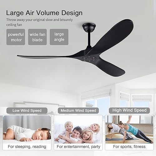 Miniatura 3 de BOJUE Ventilador de techo de madera de 60 pulgadas sin control remoto de luz, ventilador de techo de perfil bajo para interiores y exteriores con 3