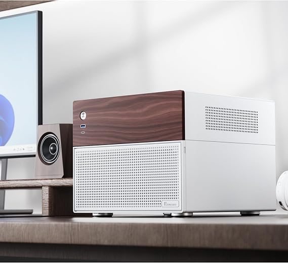 JONSBO N4 White NAS Pc Case, Walnut Wood, 8-Drive Bay/6 * 3.5 HDD (4 hot-swap,2 Non hot-swap), 2 * 2.5SSD,Micro ATX Chassis USB3.2Gen2Type-C, 1x120mm Fan Built-in, White