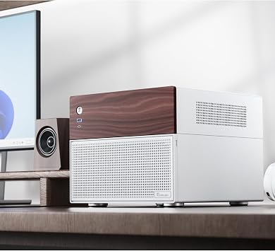 JONSBO N4 White NAS Pc Case, Walnut Wood, 8-Drive Bay/6 * 3.5 HDD (4 hot-swap,2 Non hot-swap), 2 * 2.5SSD,Micro ATX Chassis USB3.2Gen2Type-C, 1x120mm Fan Built-in, White