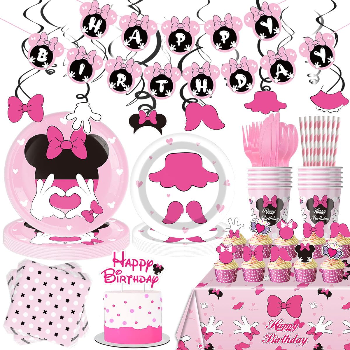 Pink Mouse Birthday Party Tableware Set Cute Pink Mouse Theme Party Decoration Supplies Include Banner,Hanging Swirls Decorations,Dinner Plates,Cups,