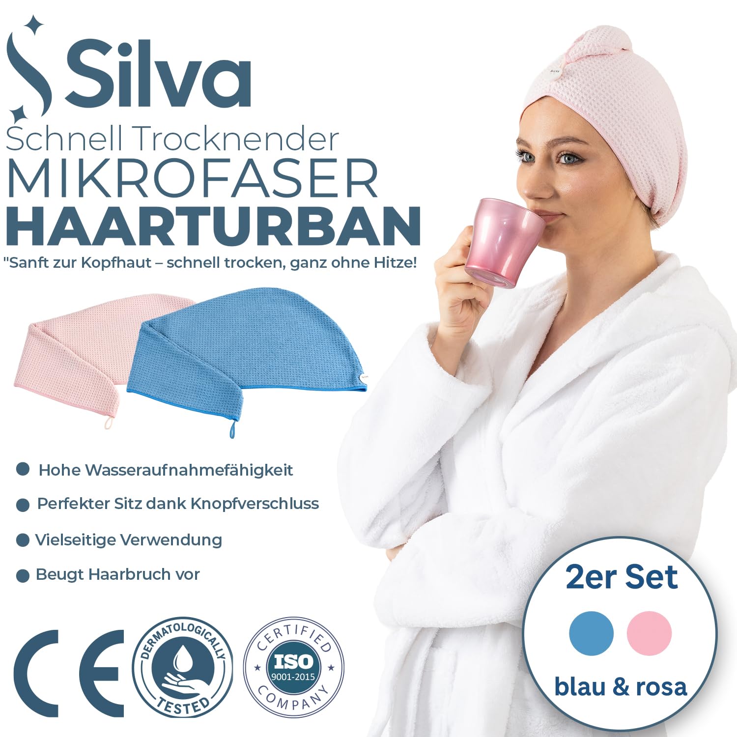 Silva – Toallas para el Pelo de Microfibra – Secado Rápido & Anti-Encrespamiento – Rosa – Suaves, Ligeras & Súper Absorbentes – Turbante Ideal para Cabello Largo – Pack de 2