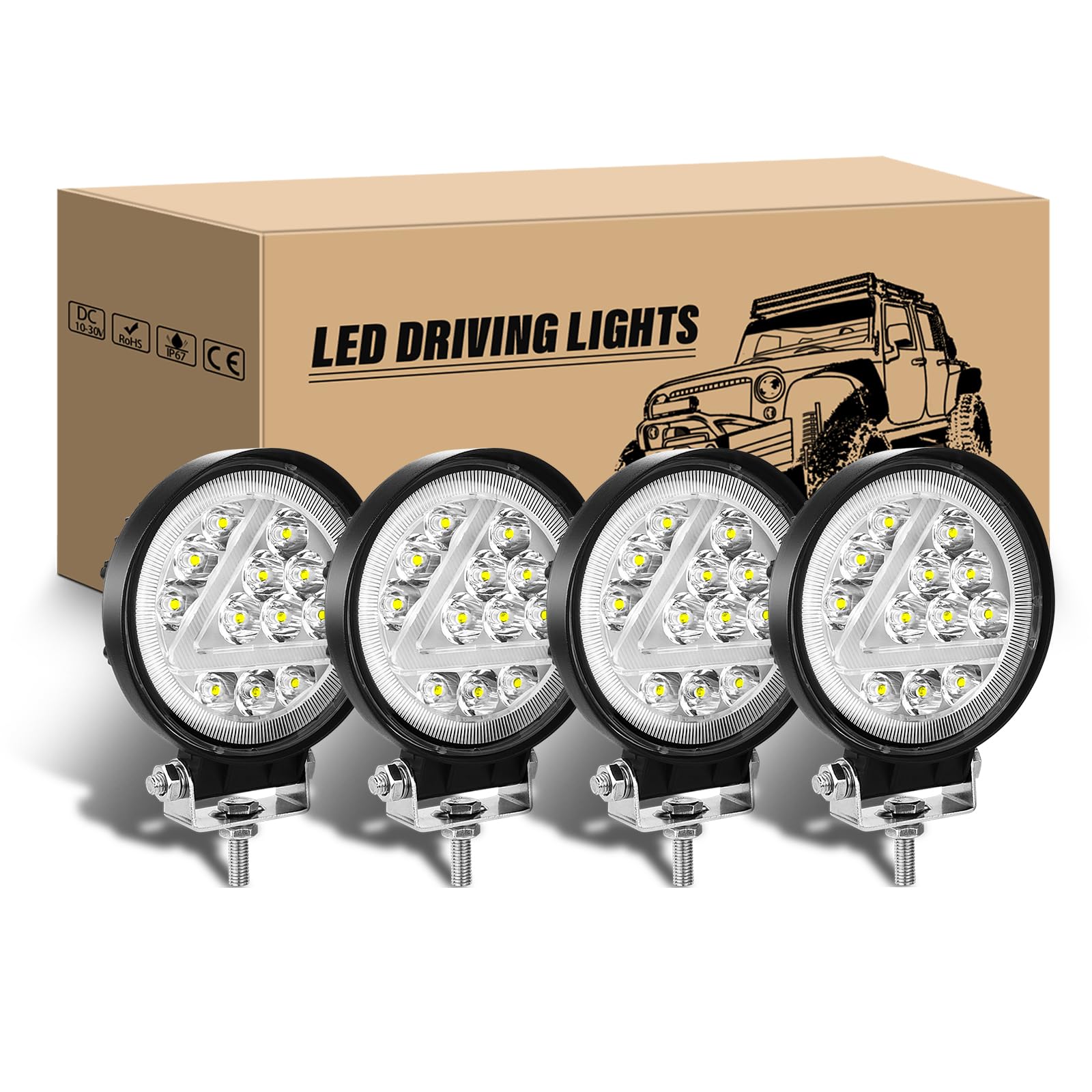 RIGIDON 4Pcs Faros de trabajo Redondos, 4 Pulgadas 10cm 36W Blanco y ámbar Spot lámpara trabajo led, Spotlights Exterior Foco led 12V 24V para Off road Camión Coche ATV 4x4 Tractor, faros antiniebla