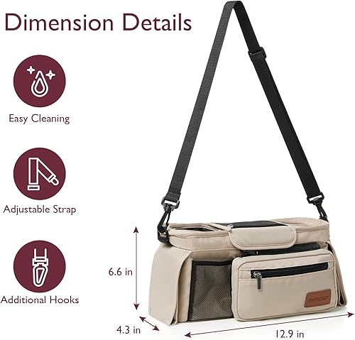 Miniatura 7 de Momcozy Organizador universal para cochecito de bebé, 2 portavasos aislados, bolsillo desmontable con cremallera, correa de hombro ajustable, gran