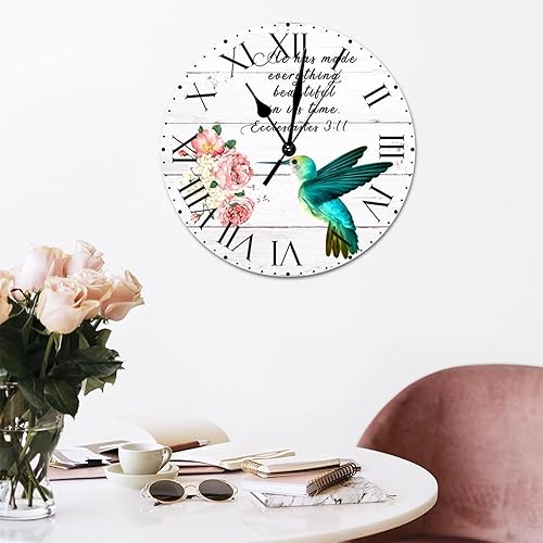 Miniatura 86 de ArogGeld He Made Everything Beautiful - Reloj de pared de PVC con flores rosadas, colibrí, reloj de pared grande con cita y números romanos, reloj