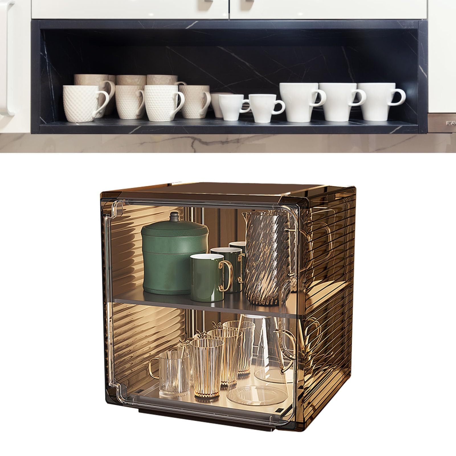 Estante de Almacenamiento de Tazas, Caja organizadora apilable de plástico Transparente a Prueba de Polvo para gabinete, Escritorio, Oficina, Sala de Estar, diseño de Lujo Ligero (Negro Medio)