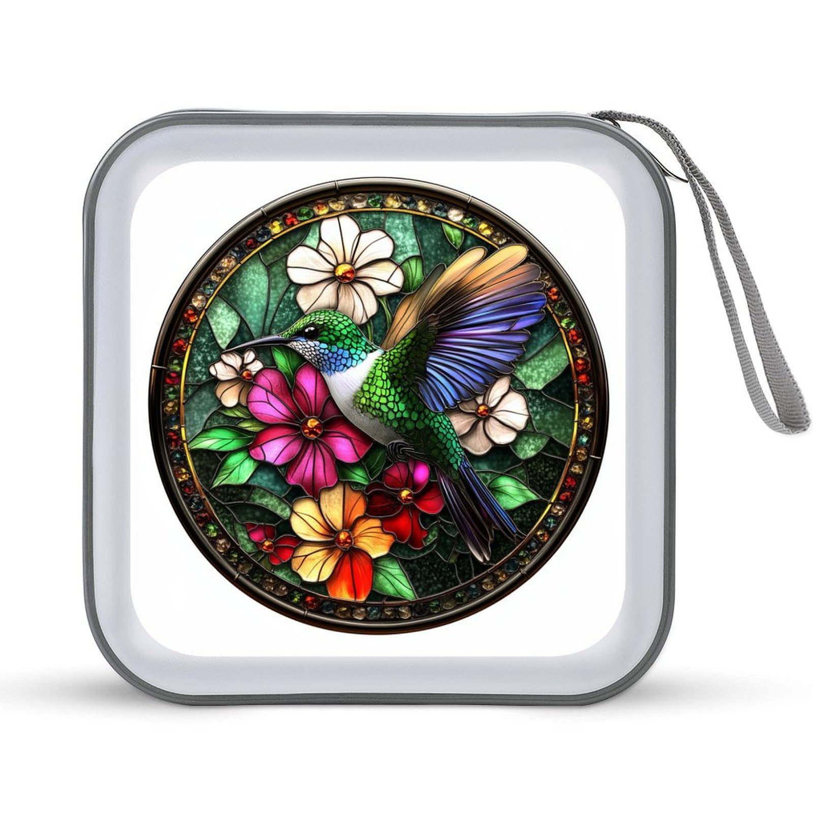 Stained Glass Hummingbird with Colorful Flowers CD Case DVD Storage Case Portable