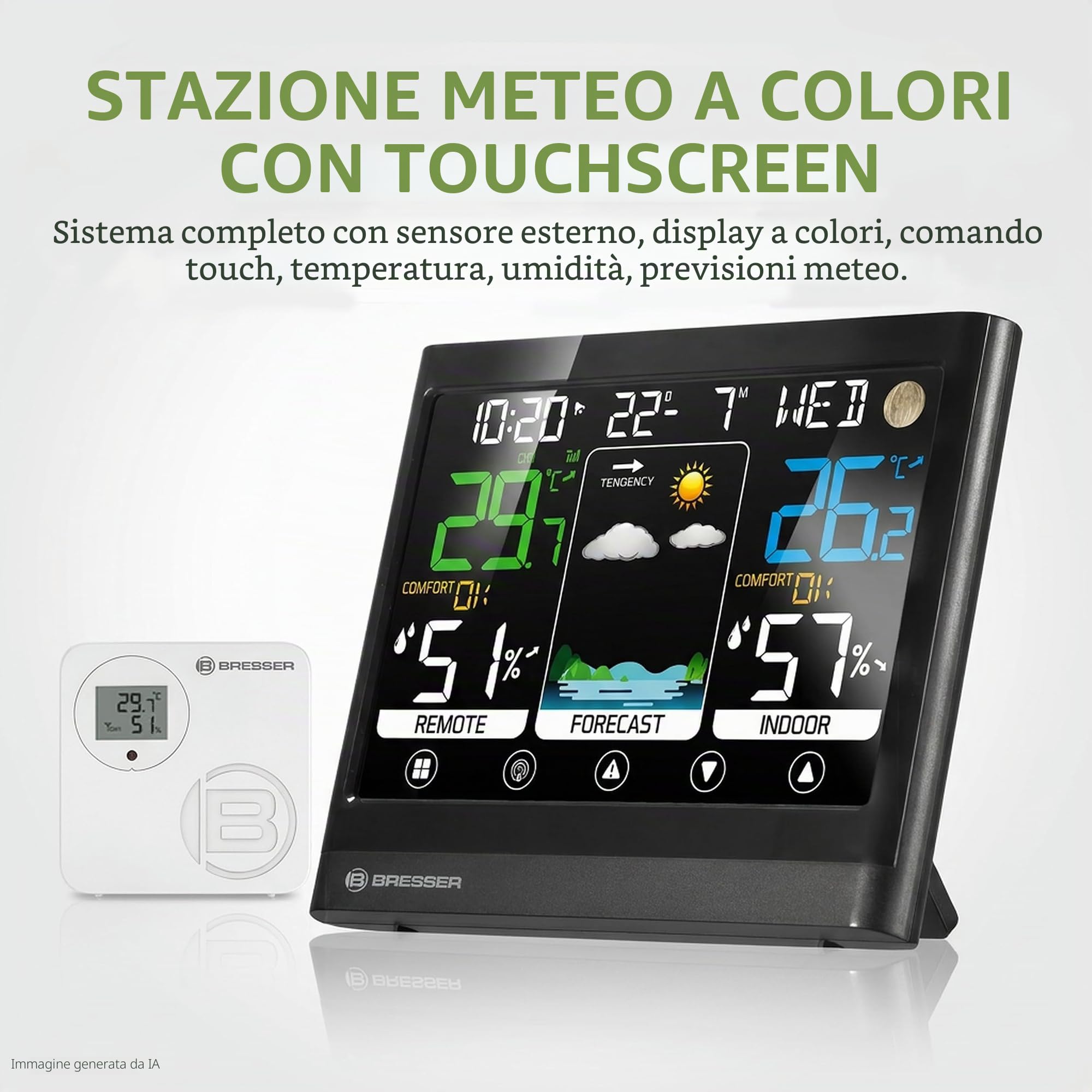 Bresser MeteoTemp BF Stazione meteo radio con display touch, sensore esterno radio, pressione dell'aria, previsioni meteo, indicatore di temperatura ambiente, umidità e ricezione del segnale orario