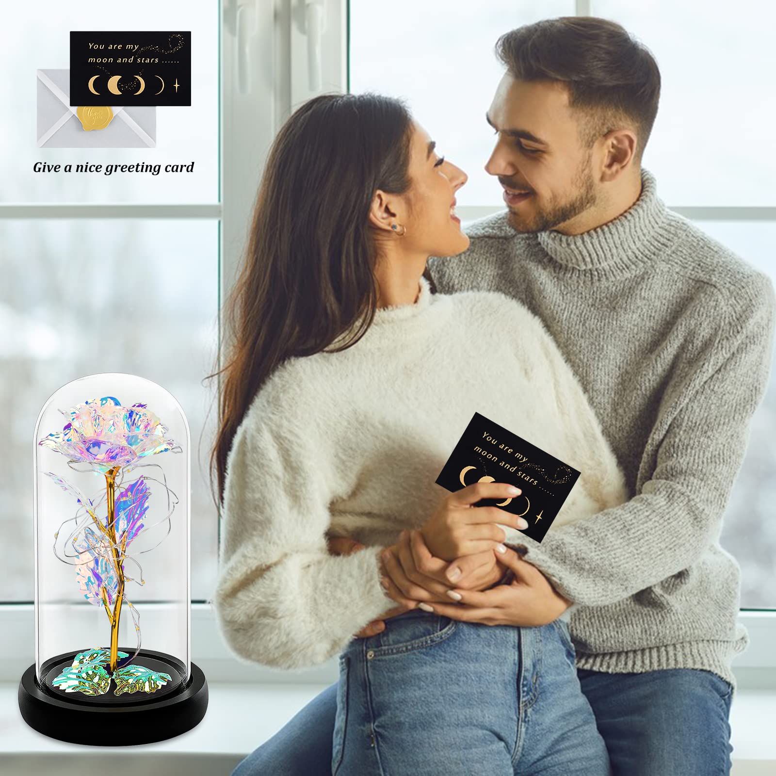 Roses artificielles éternelles avec lumière LED, fleur en feuille d'aluminium sous cloche en verre, simulation de rose, cadeaux pour mariage et fête des Mères  15