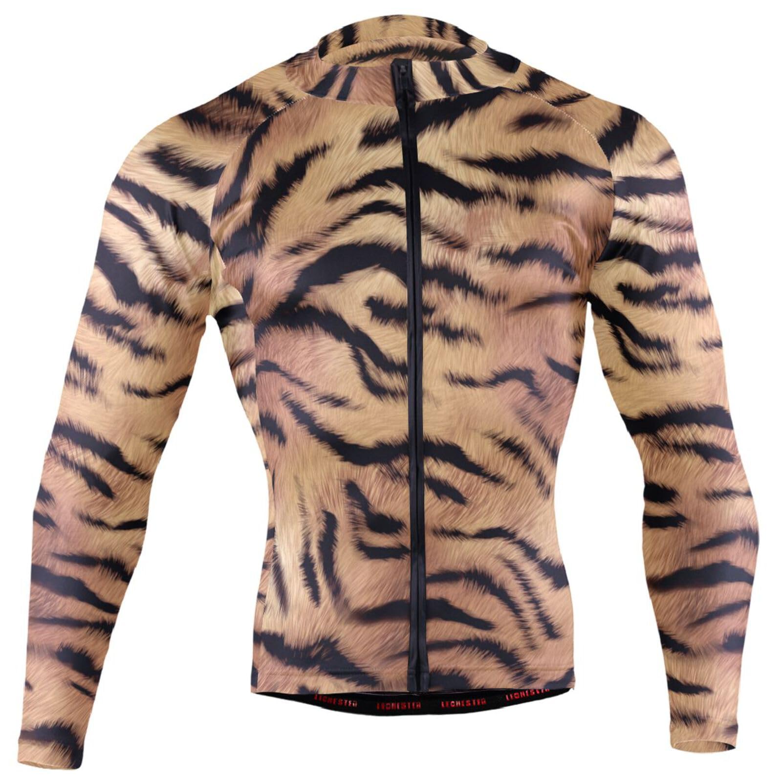 JHKKU Men's Cycling Jersey Tiger Print Long Sleeve Bike Clothing Biking Shirt Full Zip with 3 Rear Pockets, Large