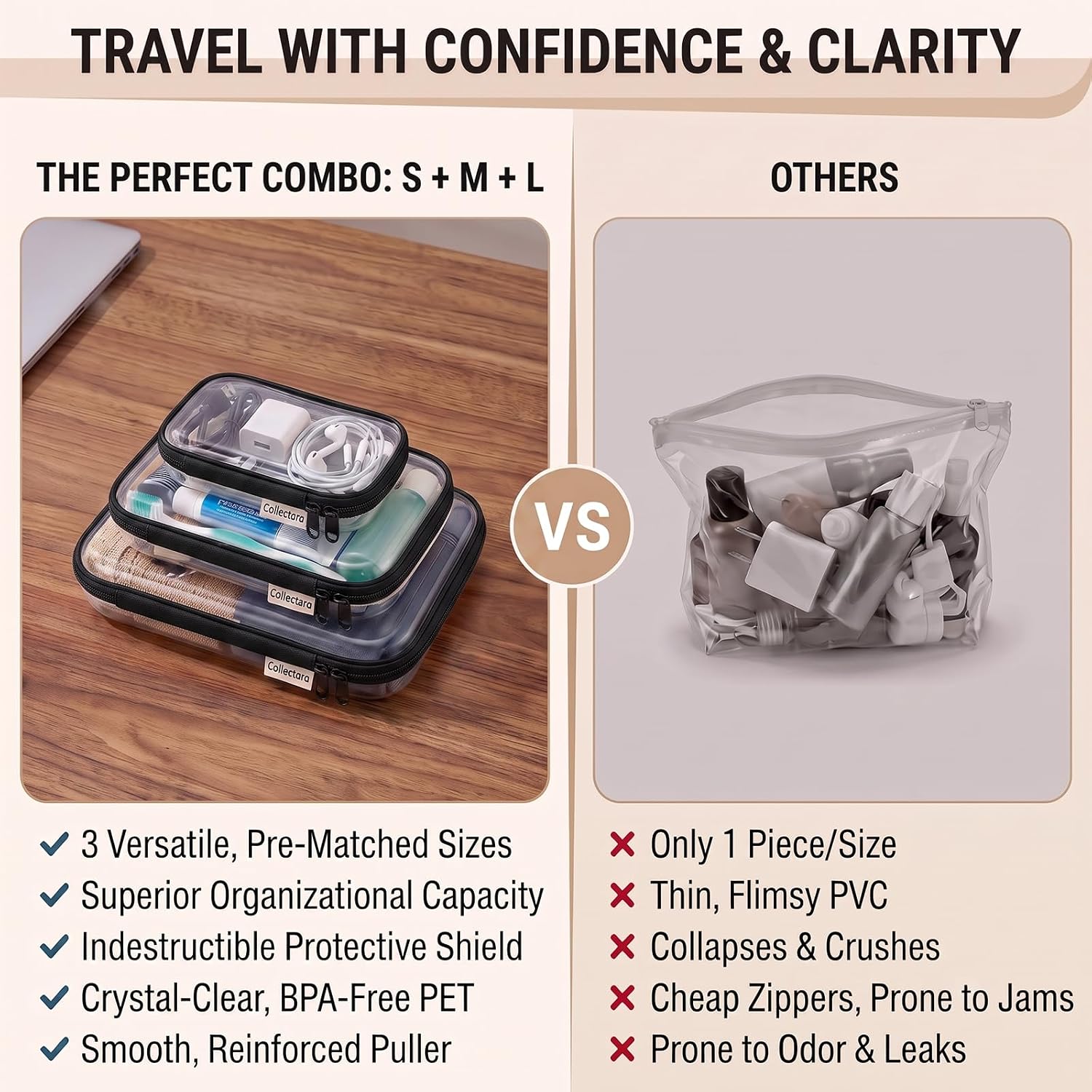 3 Pack Clear Hard Shell Zipper Case, Heavy Duty Crush Proof Toiletry Bag & Travel Organizer Pouch, Transparent Multipurpose Storage Set (L+M+S) image 5