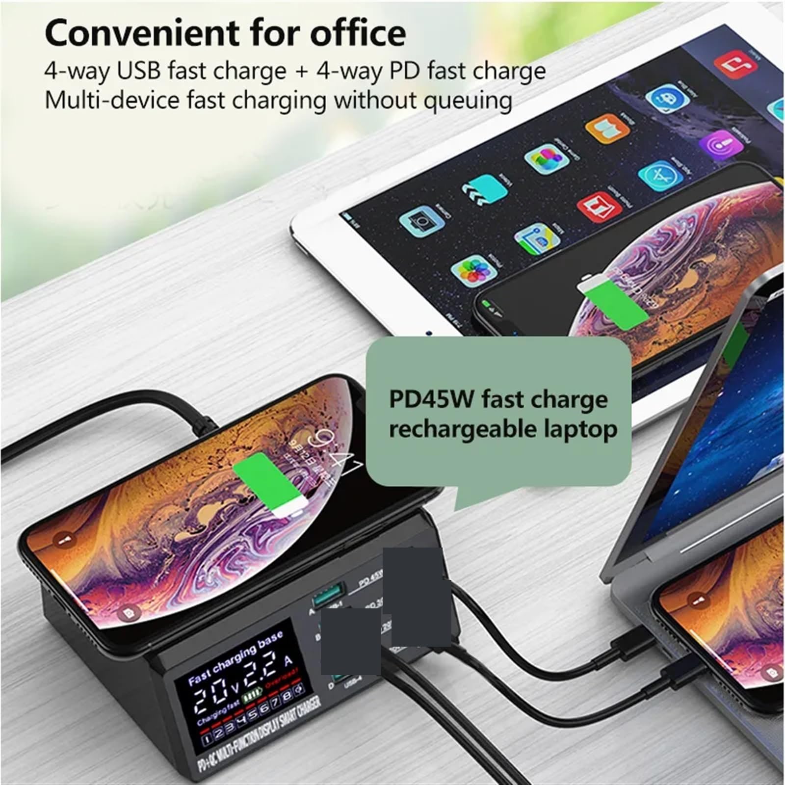 EDEDE Chargeur USB Multiple, Station de Recharge sans Fil W 8 Ports PD, Chargeur Rapide USB Quick 3.0, Adaptateur HUB pour Smartphone(X9D)