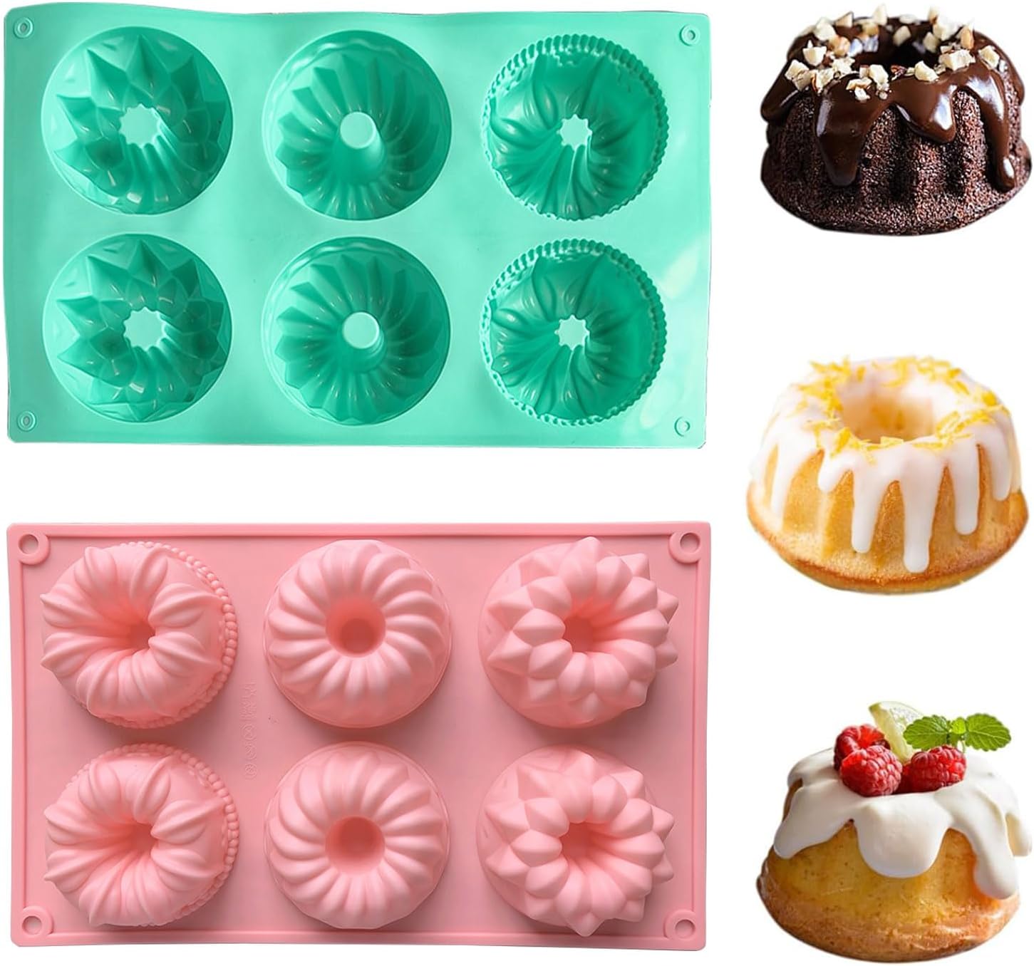 2 Pcs Mini Bundt Cake Pans for Baking, 6-Cavity, Nonstick Silicone Small Fluted Tube Bundt Pan Molds for Baking Cupcakes, Donuts, Cornbread, Brownies, Jellies, Muffin (Green + Pink) (Savarin-(Green + Pink)) Thumbnail