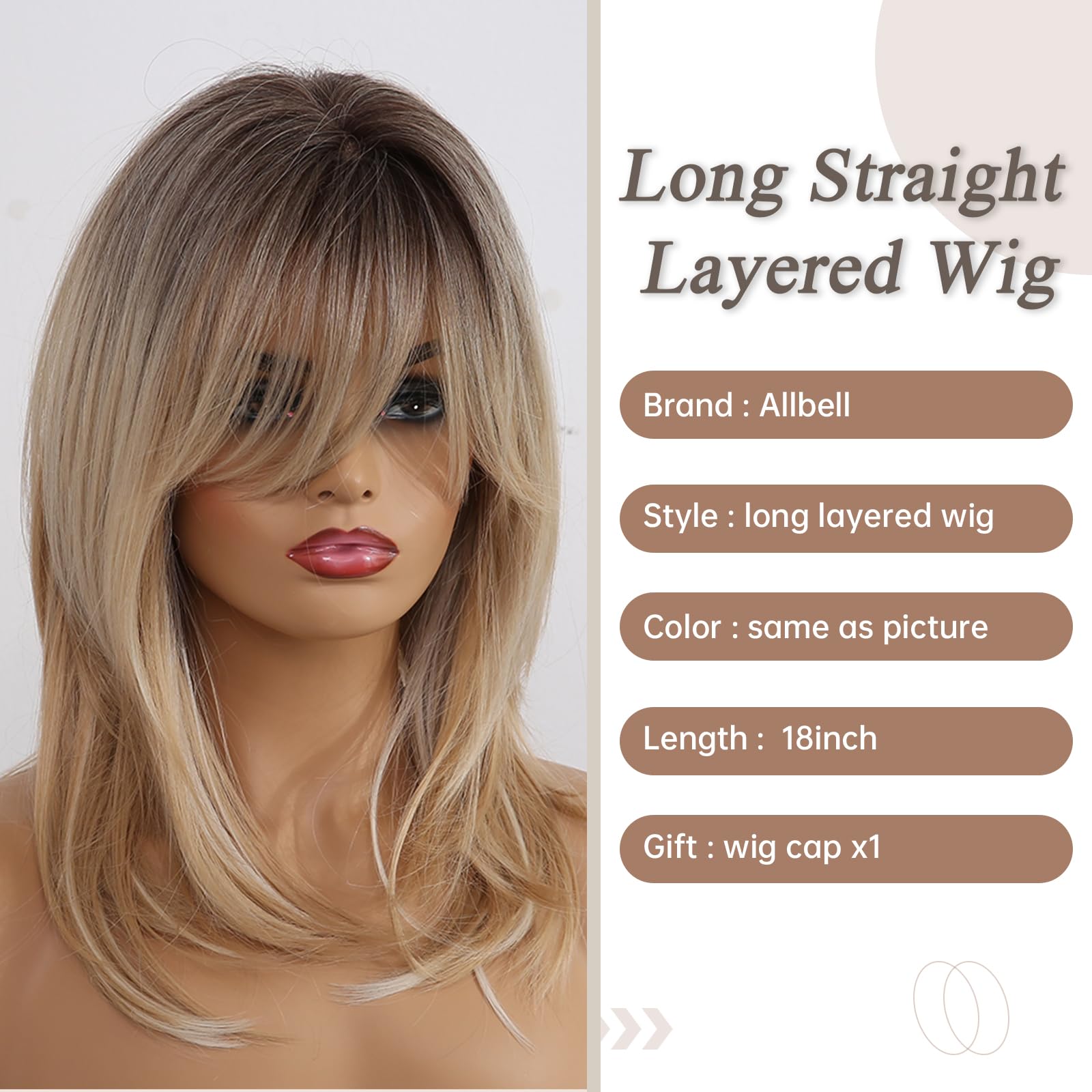 Allbell Mixed Blonde Wig with Fringe for Women Medium Length Layered Blonde Straight Wig with Curtain Bangs Short Wig with Dark Roots Synthetic Heat Resistant Fiber Wigs for Daily Use - Image 4