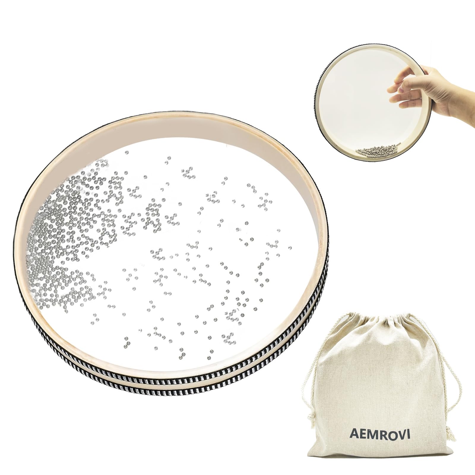 Ocean Drum Sea Drum 8inch- With Hardwood Shell and Wave Beads- Sounding Musical Hand Percussion Instrument for Meditation, Yoga Portable for Home School Supplies with Storage Bag