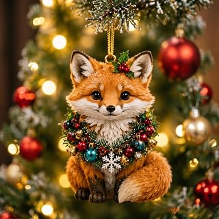 Christmas Hanging Decorations with Loop, 2D Flat Acrylic Fox Xmas Ornament, Snowflake Bell Bauble Wreath Design Festive Decor for Tree Car Backpack Holiday Party Decoration