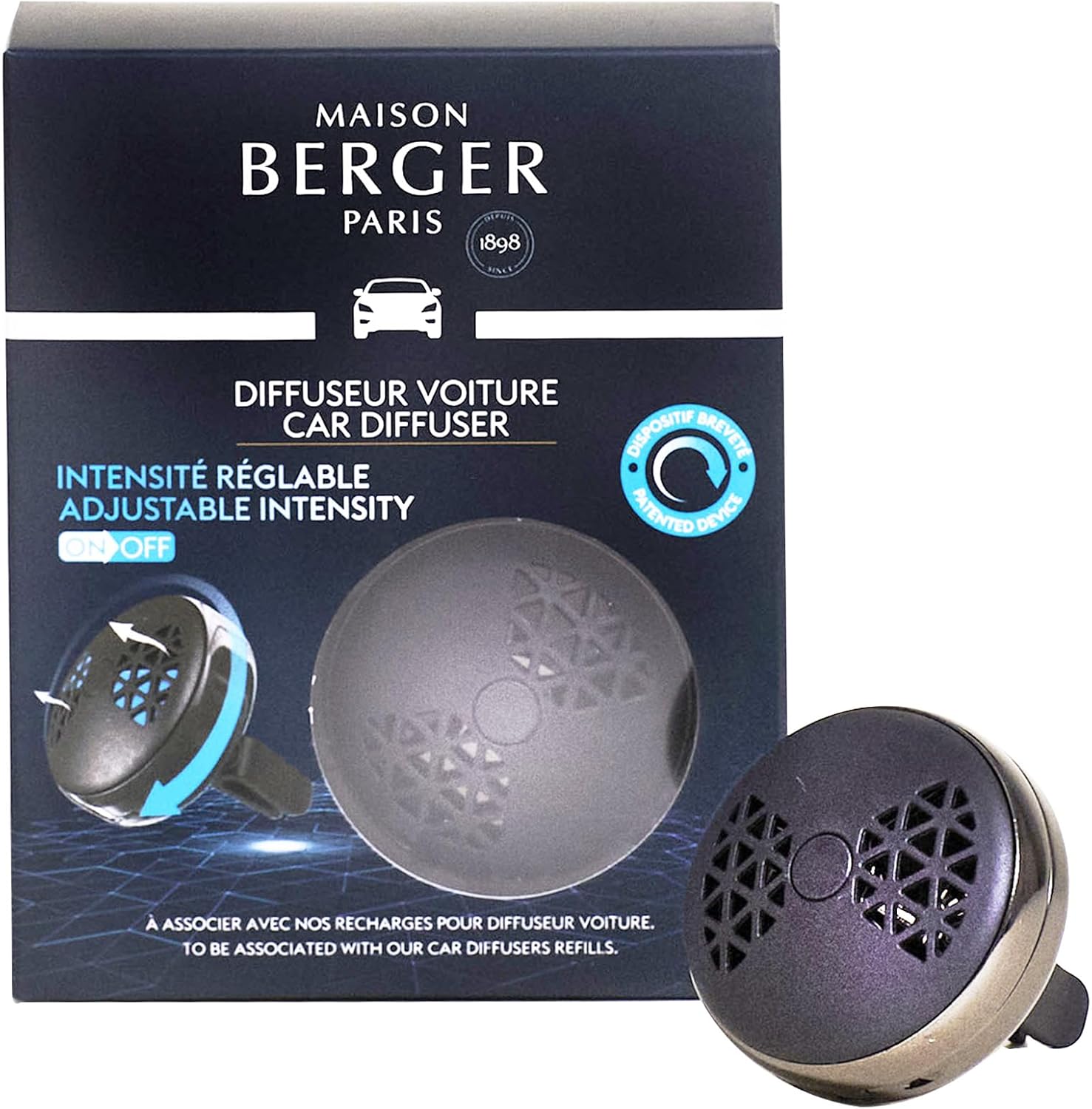MAISON BERGER - Adjustable Refillable Car Air Freshener Vent Clip Diffuser Set - 1.75" Diameter x 1.25" Depth - Made in France (On/Off Flash - Gun Metal)