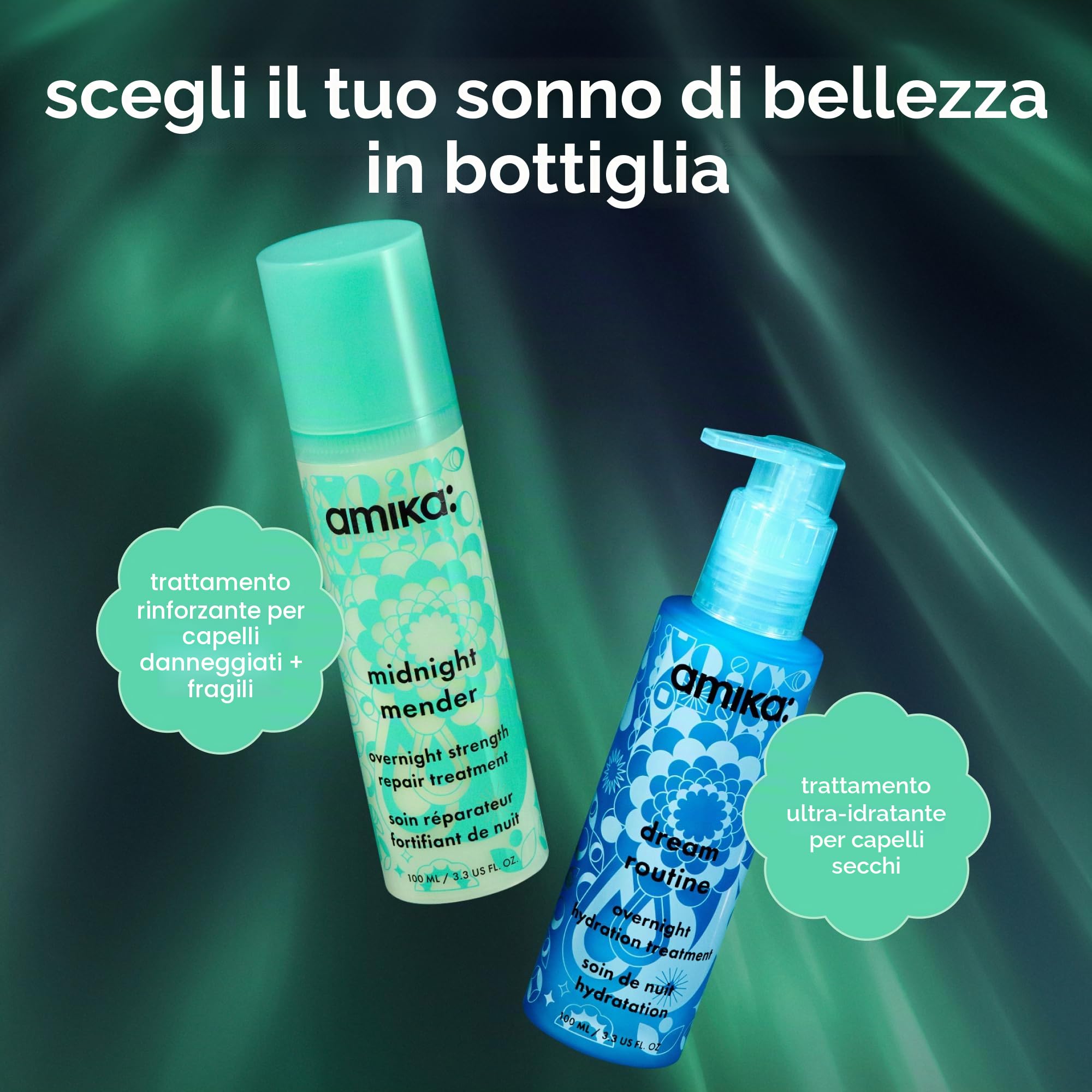 amika Midnight Mender Strength Repair Maschera per capelli durante la notte - Balsamo senza risciacquo + trattamento con doppie punte per ciocche danneggiate e fragili - Ripara la cura dei capelli per