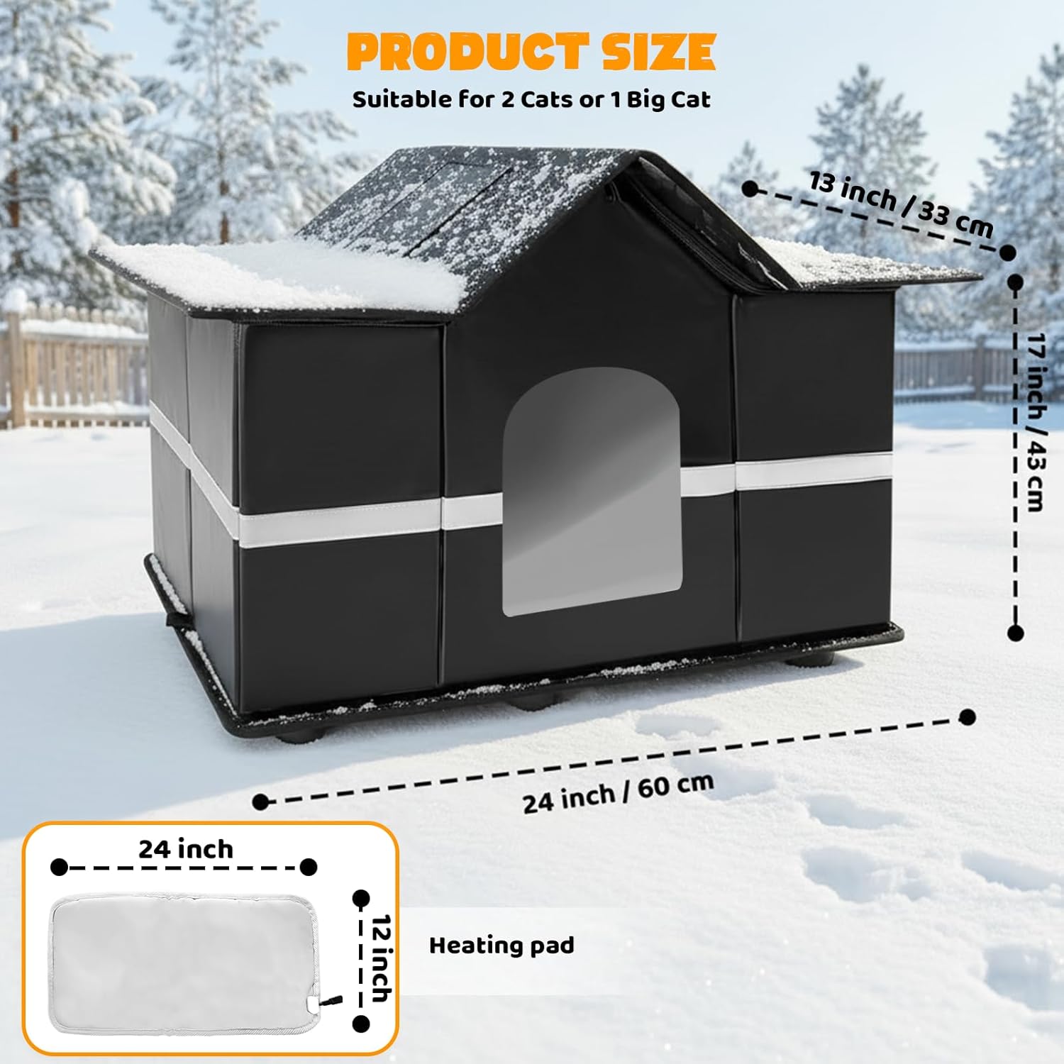 Heated Outdoor Cat House for Winter, All-Weather Waterproof Outdoor Cat Shelter with Adjustable Heated Pad & Elevated Base, Easy Setup, Mesh-Embedded Polyester for Stray & Feral Cats (24"x13"x17")