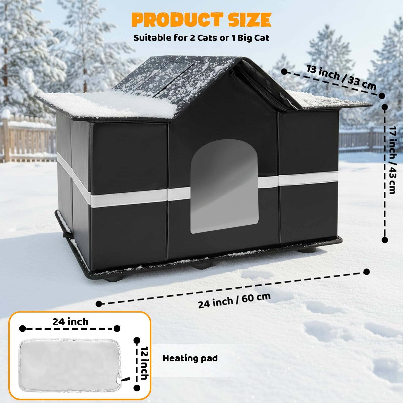 Homegroove Casetta per gatti riscaldata per esterni, per feste invernali, isolata per esterni, con cuscinetto riscaldante e lucernario, protezione per randagi e gatti selvatici (nero)