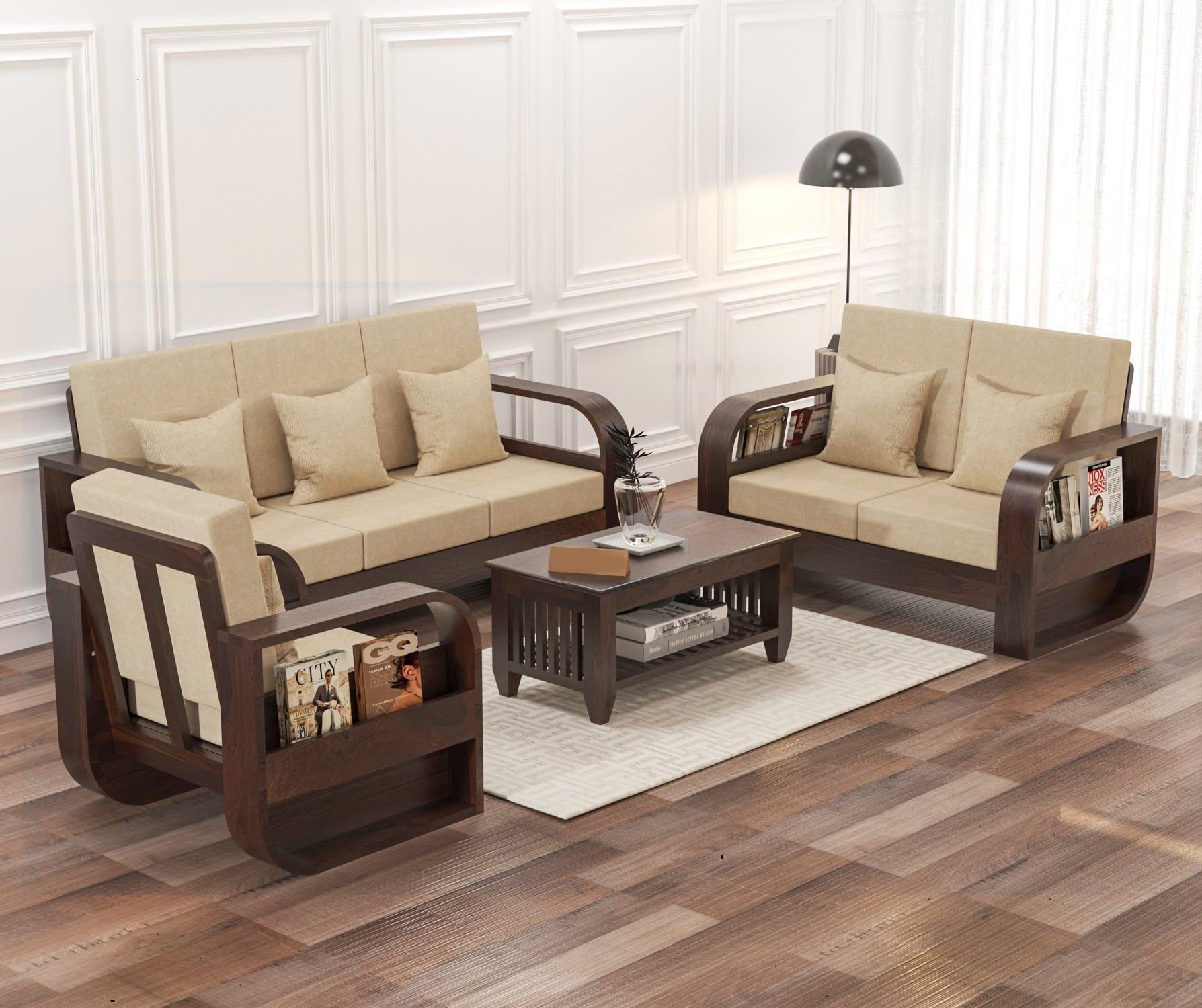 MURARAKA ART 6 Seater Sheesham Wood Sofa Set for Living Room Furniture Home and Office (3+2+1 Sofa Set) | Six Seater Wooden Sofa Set (Walnut Finish, 6 Seater)