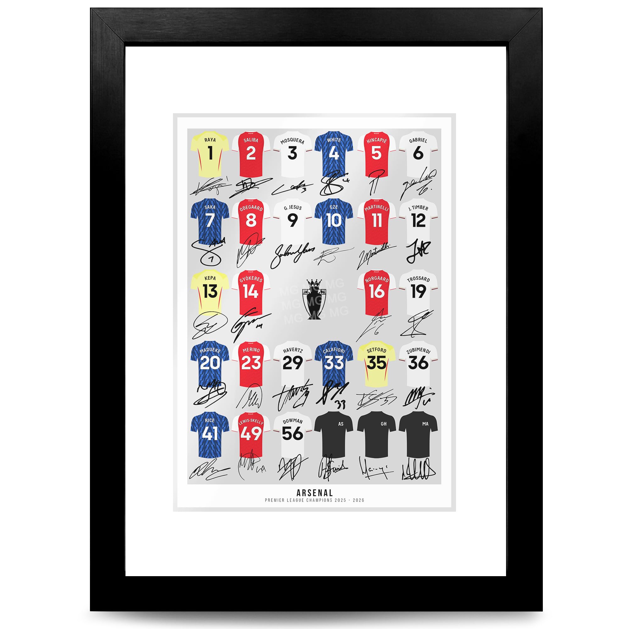 Arsenal Team Squad 2025-2026 Signed Poster Print Framed Picture Photo Autograph Gift 25/26 Rice Odegaard Saka Gyokeres Eze (3 kits Champions 2026, A4 Framed & Mounted)