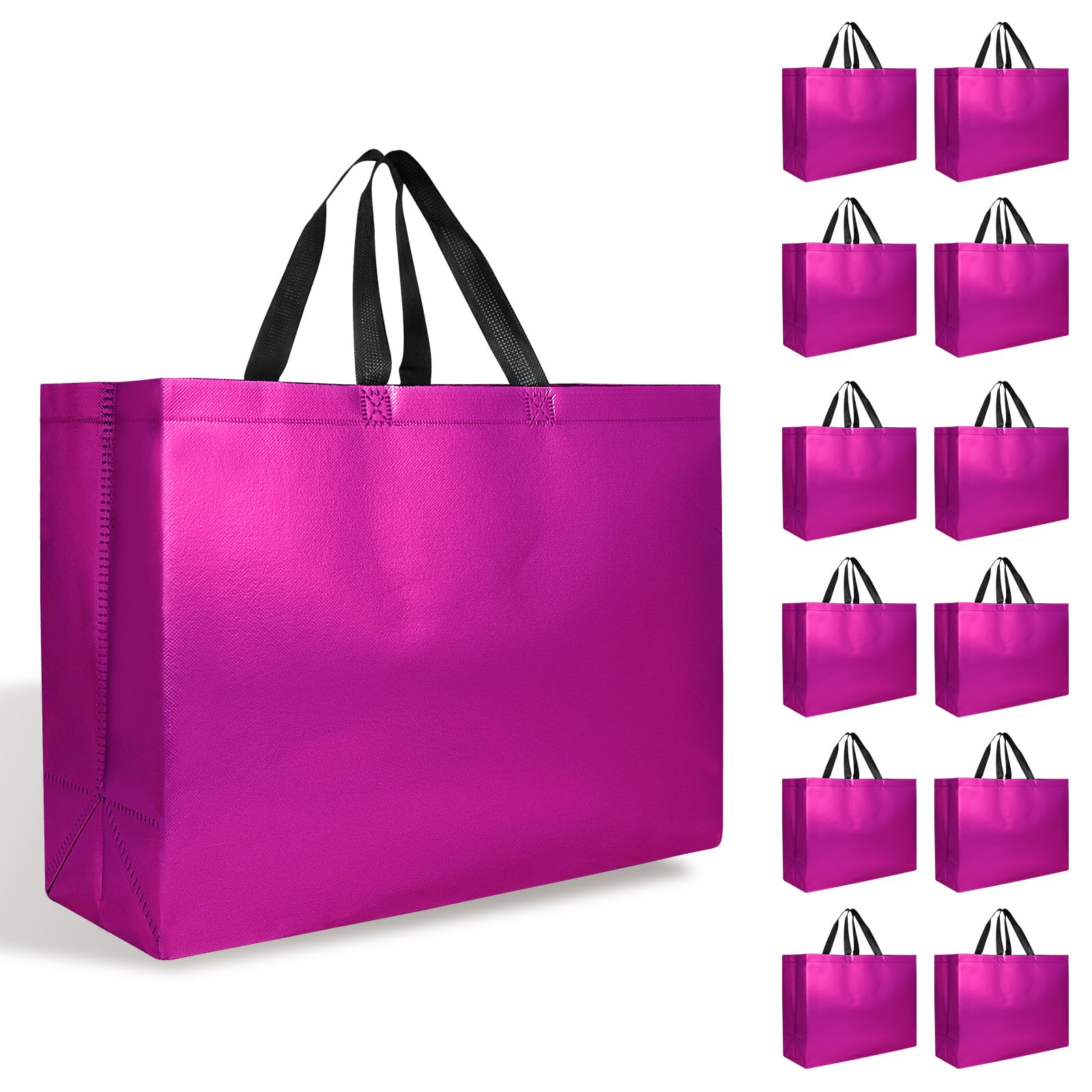 【12-Pack Pink】 Reusable Gift Bags with Handles, Bulk Goodie Bags for Valentines Day, Baby Shower, Birthday, Party Favors, Wedding, Holiday Goodie | 16x6x12 Inches | 12 Premium Pink Bag | Eco-Friendly