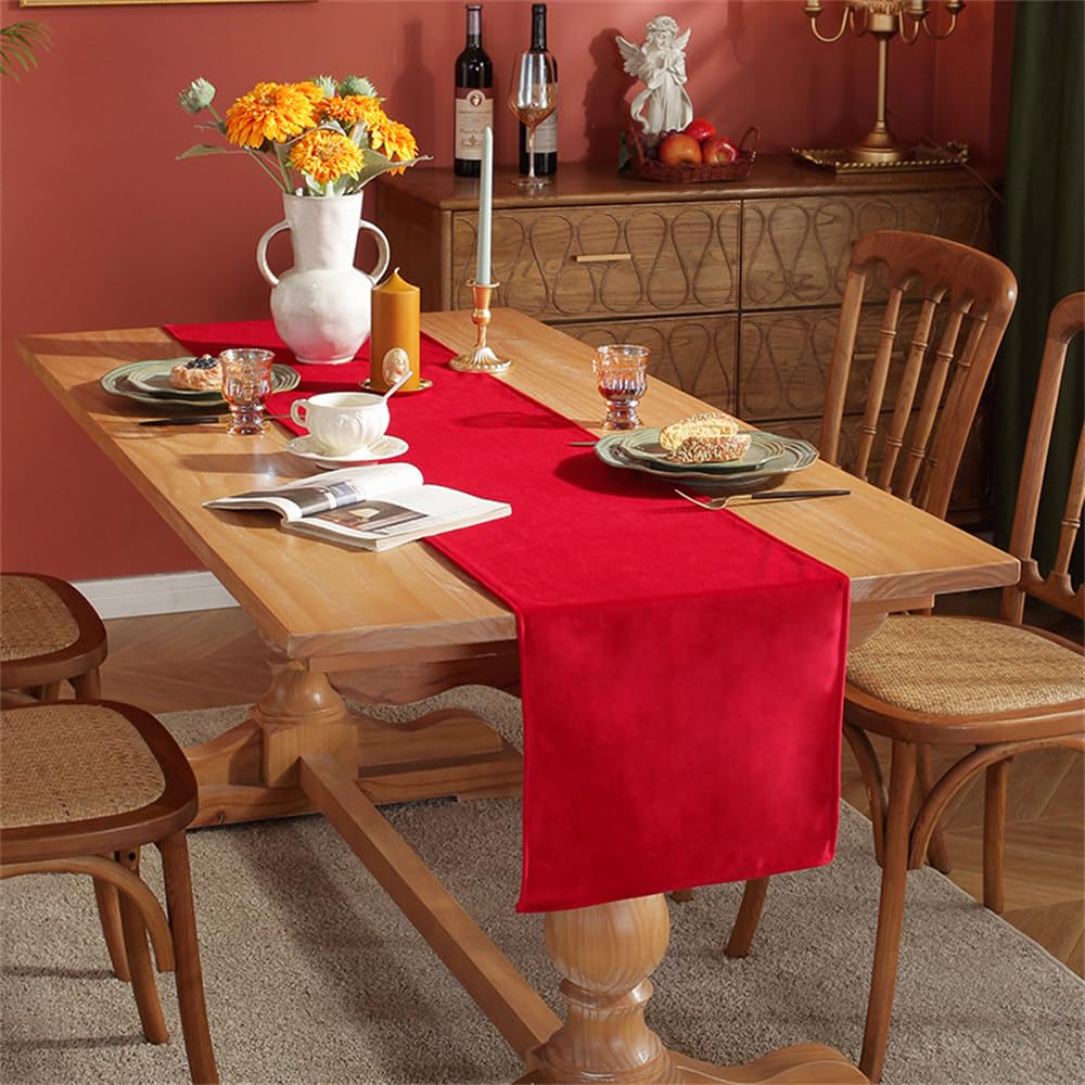 Treer Solid Color Velvet Table Runner Reversible Modern Rectangle Table Runner Farmhouse Table Decorations for Festival Party Dinner, Christmas Table Centrepiece (33x180cm,Red)