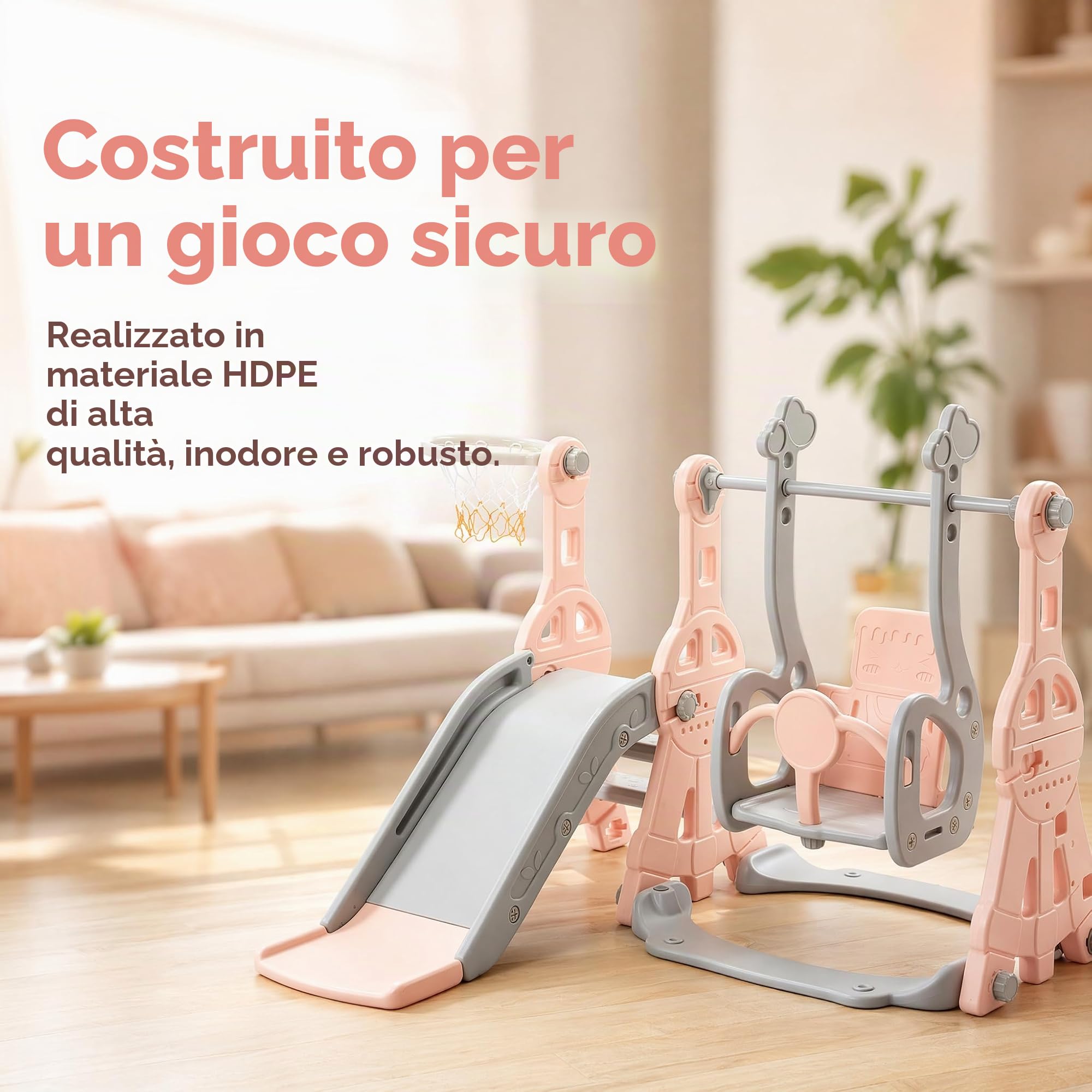 Scivolo per bambini per esterni, 4 in 1, con scivolo, altalena, struttura per arrampicata, canestro da basket, per interni ed esterni, scivolo autoportante, parco giochi per bambini piccoli