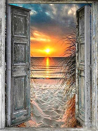 Beaudio Kit de pintura de diamantes de la serie de paisajes para adultos, amanecer en la playa junto a la ventana, arte de diamante 5D redondo para disponible en Yaxa Venezuela