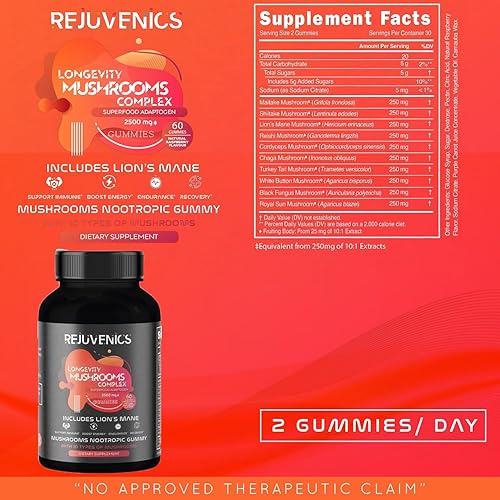 Miniatura 3 de REJUVENICS Longevity - Gomitas complejas de hongos  hongo 10-plex 2,500 mg*** con melena de león y 9 hongos más  Refuerzo del cerebro, apoyo