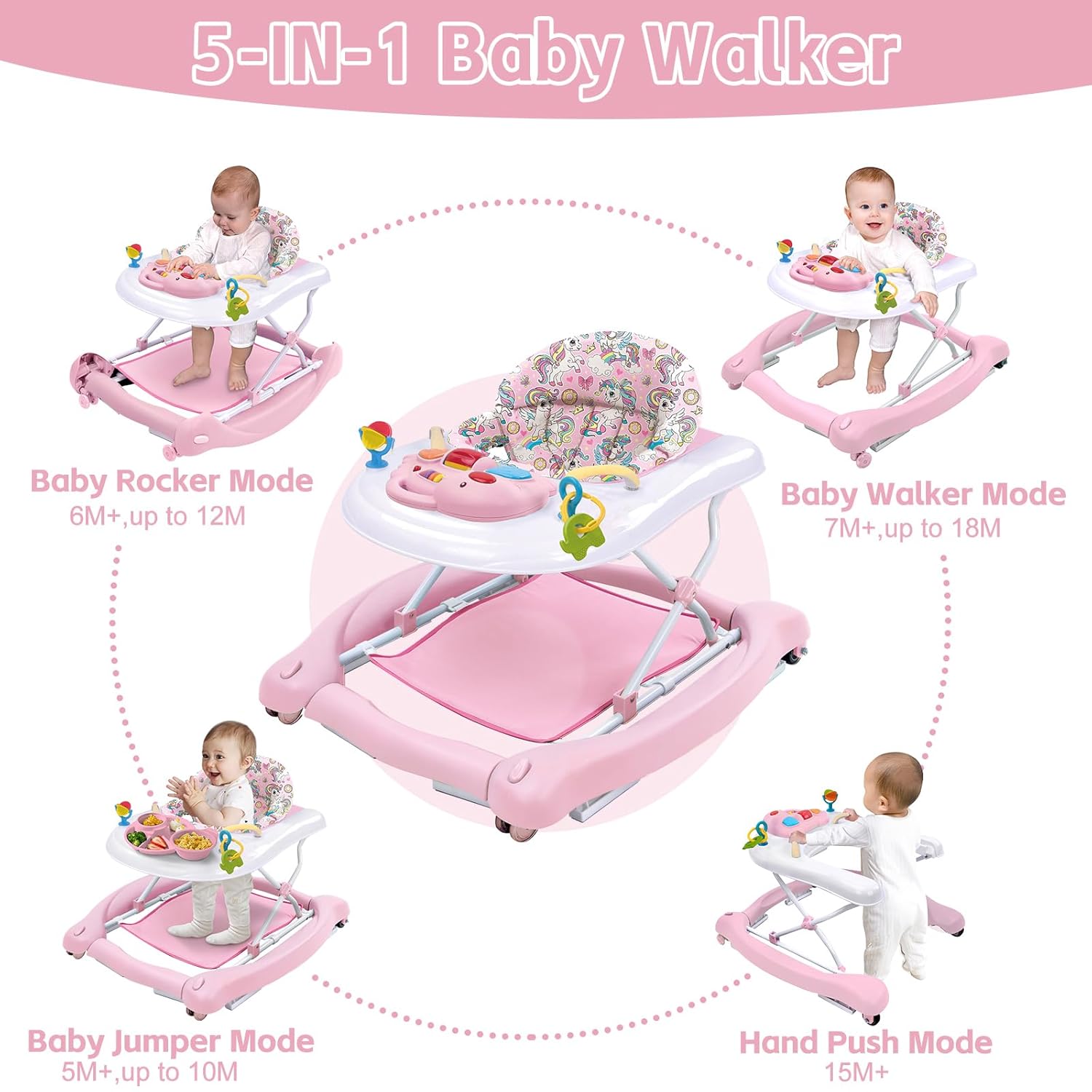5 in 1 Foldable Baby Walker, Activity Baby Walker-Baby Bouncer, Rocker, Activity Center,Seat and Push Walker,Detachable Trampoline Mat, Adjustable Speed Rear Wheels and Height,Ages 6-18 Months(Pink) - Image 2
