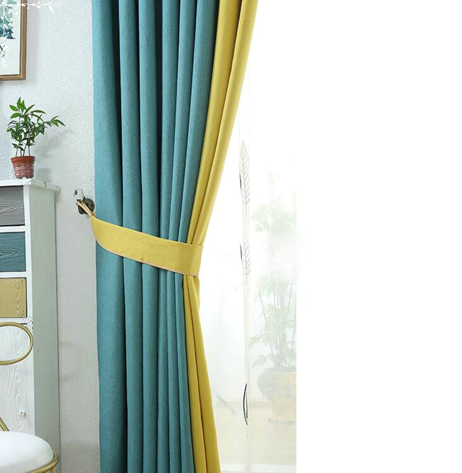 Gualiy Lot de 2 Rideau Occultant Thermiques, Rideaux Bleu Jaune 86x214CM Rideau de Chambre Patchwork de Couleur Unie Rideaux pour Salon, Chambre à Coucher
